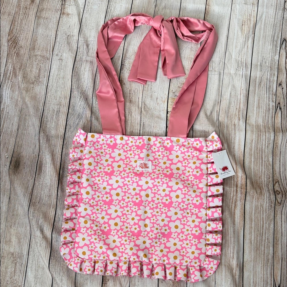 Elle Nicole Pink Floral Ruffle Tote Bag NWT Spring Daisy Satin Handles